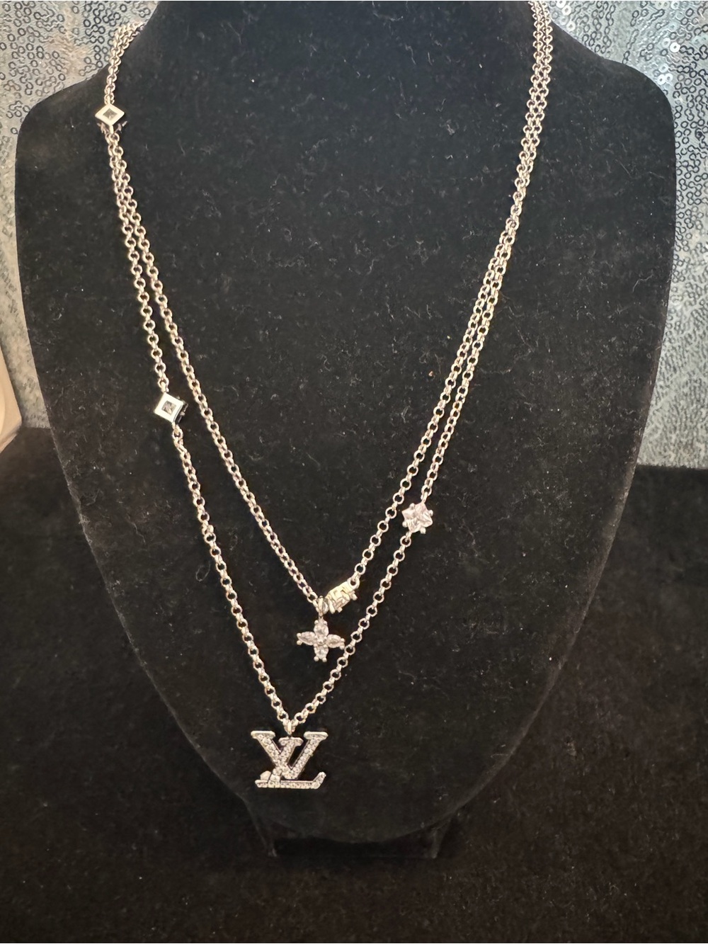 Louis Vuitton Silver Crystal Multi-Layer Pendant Necklace